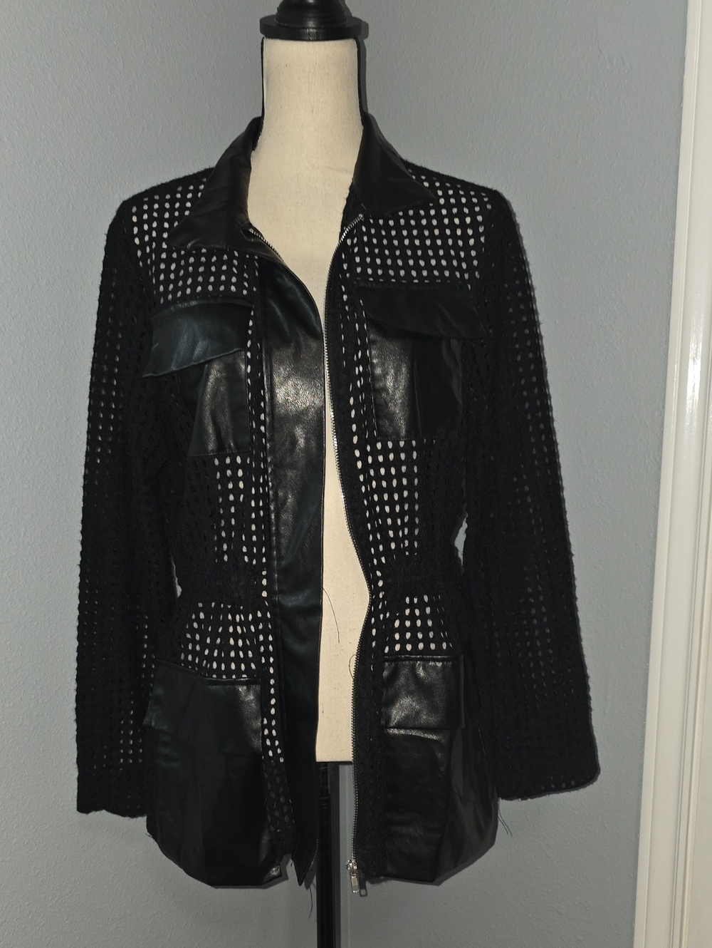 NWT Black Mixed-Media Faux Leather & Knit Jacket Sz M